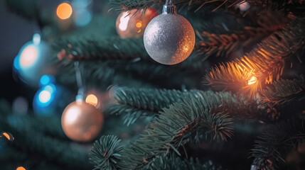Obraz na płótnie Canvas Christmas tree ornaments lights pine needles bokeh
