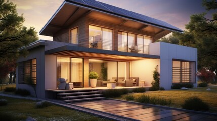 Obraz premium An energy efficient house equipped with high technology. It reflects an environmentalist lifestyle with solar panels, smart home systems and energy management. Created with Generative AI.