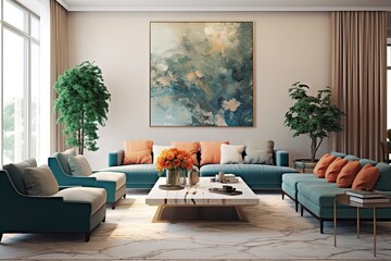 Stylish living room interior with comfortable sofa,Generative AI