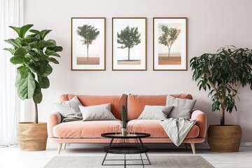 Minimalist interior design of living room with sofa and framed posters,Generative AI