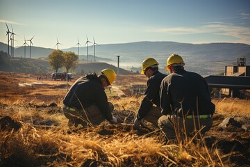 A dedicated team of engineers working together on wind turbines, surrounded by a breathtaking picturesque landscape