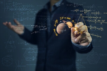 Professor or physics scientist writing and study laws of gravitational force from stars in solar...
