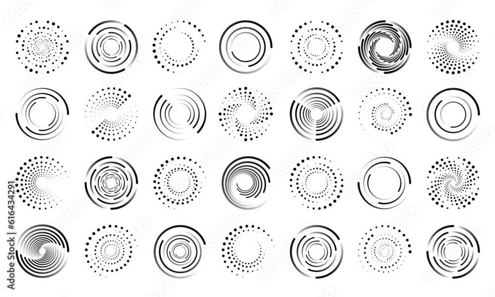 Poster Circle halftone set. Dot pattern. Half tone round logo isolated graphic elements, abstract texture icon, round frame, shadow gradient effects, ring bubble, geometric vector design effect