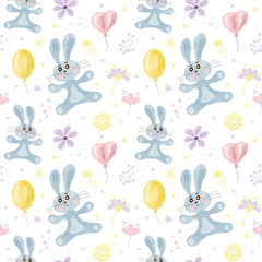 Festive rabbit. Blue Watercolor Bunny with Balloons. Hare in flowers. Yellow And Pink Festive Balloons