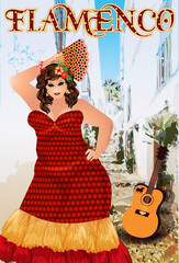 Flamenco dance spanish fat woman with guitar, andalusian village , vector illustration