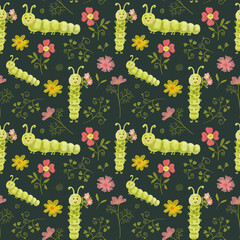 Cheerful Green Caterpillar in Flowers. Childrens illustration. Seamless Pattern with Butterfly Larva. Caterpillar with a bouquet.