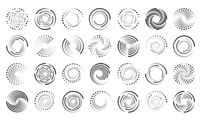 Circle halftone set. Dot pattern. Half tone round logo isolated graphic elements, abstract texture icon, round frame, shadow gradient effects, ring bubble, geometric vector design effect