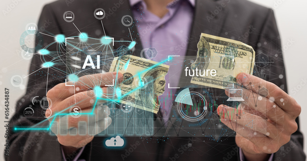 Poster businessman holding digital chatbot are assistant conversation for provide access to data growth of 