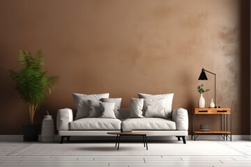 Interior with sofa, plants and plaid on empty white wall background. 3D rendering,Generative AI