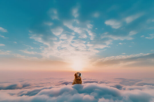 illustration of a golden retriever pet animal in a natural landscape setting surrounded by clouds and greenery representing pet loss and grief - generative ai art