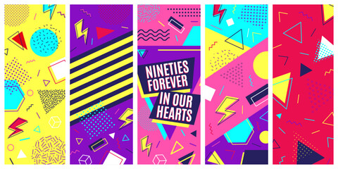 90s retro poster. 80s style cards. Retro graphic, pop music design elements with textures, cool abstract party flyers background, bright dots and lines. Web banner. Vector fashion illustration