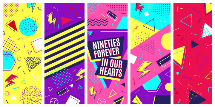 90s retro poster. 80s style cards. Retro graphic, pop music design elements with textures, cool abstract party flyers background, bright dots and lines. Web banner. Vector fashion illustration