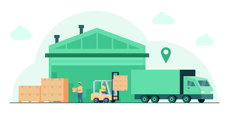 Warehouse and cargo logistic service. Containers delivery or storage. Forklift with boxes on pallet. Truck distribution pin. Transport industry. Lorry unloading. Vector illustration
