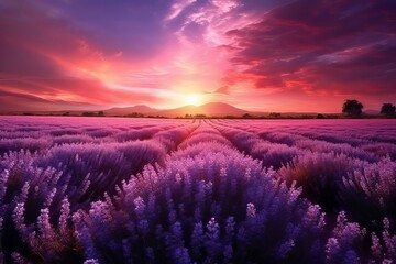 Obraz na płótnie Canvas Captivating Journey through a Radiant Lavender Field, as the Sun Sets and Infuses the Air with Fragrant Bliss