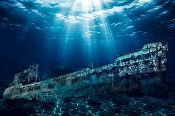 Foto auf Acrylglas Schiffswrack Titanic shipwreck lying silently on the ocean floor. The image showcases the immense scale of the shipwreck, with its fragmented structure extending across the seabed.