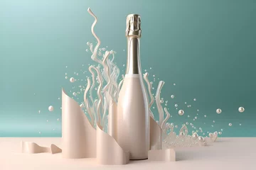 Fotobehang A bottle of champagne on a blue background, Generative AI © Alina