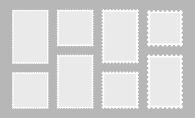 Blank set of 8 postage stamps. Paper postmarks for mail letter isolated on grey background. Vector illustration.