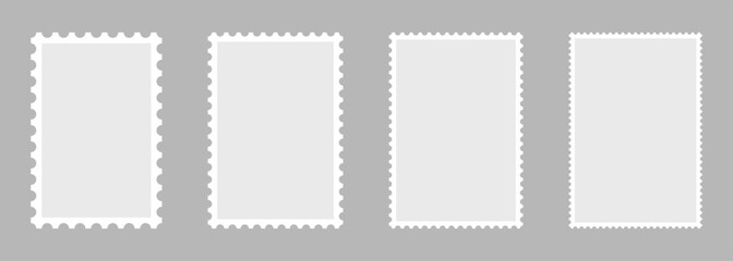 Blank set of 4 postage stamps. Paper postmarks for mail letter isolated on grey background. Vector illustration.