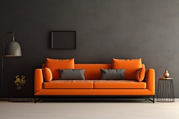 Black mock up wall with orange sofa in modern interior background, living room, Scandinavian style, 3D render, 3D illustration,Generative AI