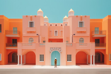 whimsical colorful futuristic architectural illustration of a fantasy building/room in pastel retro colours with sci-fi elements - generative ai art