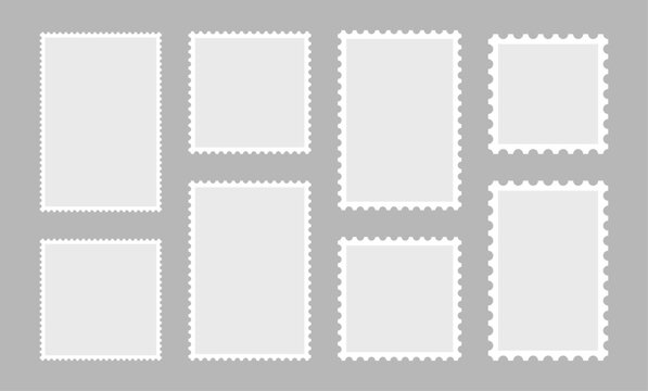 Blank set of 8 postage stamps. Paper postmarks for mail letter isolated on grey background. Vector illustration.