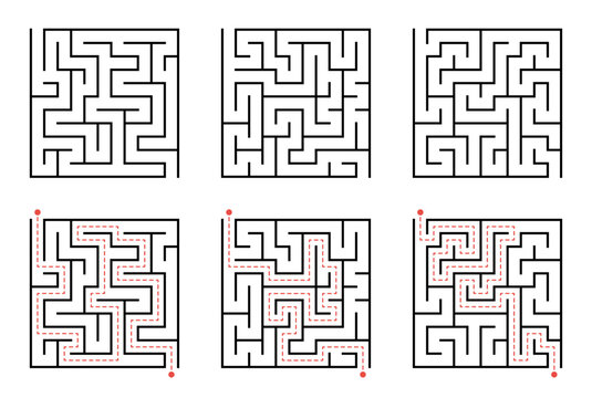 Labyrinth line pattern. Rectangle labyrinth with entry and exit. Vector labyrinth of low or medium complexity.