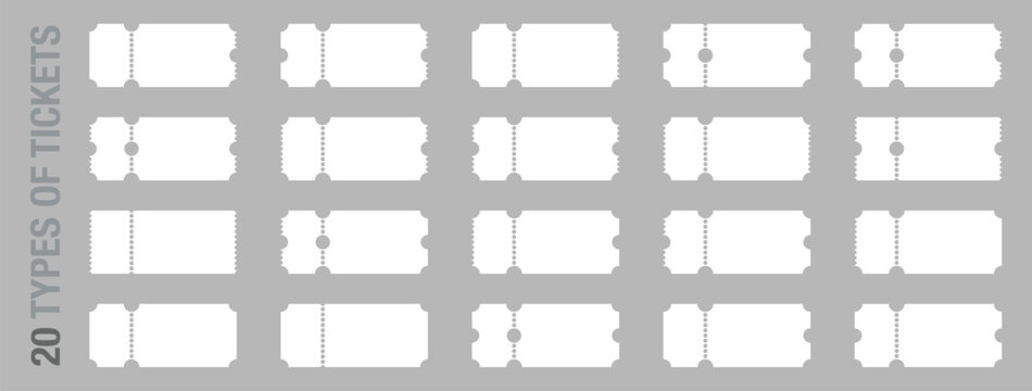 Set of 20 blank or empty ticket template. Cinema, theater, concert and boarding tickets, discount and sales coupons.