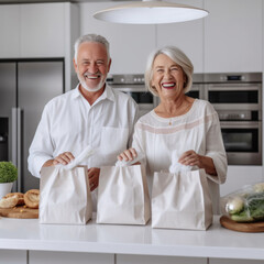 Obraz na płótnie Canvas Smiling grandparents holding grocery shopping bag at home
