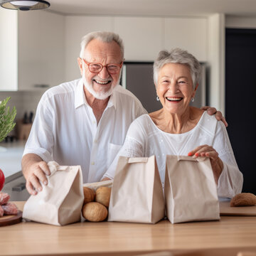 grandmother and grandfather holding grocery shopping bag at home