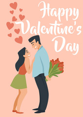 Happy valentine day card. Couple in romantic relationships. Guy gives girl flowers bouquet. Boyfriend and girlfriend on anniversary date. Love poster, cartoon flat style vector illustration