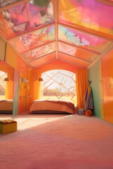 whimsical colorful futuristic architectural illustration of a fantasy building/room in pastel retro colours with sci-fi elements - generative ai art