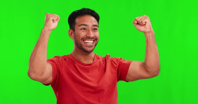 Shock, celebration and man in a studio with green screen for omg, wow or wtf expression. Surprise, celebrate and excited male person winner cheering with fist pump isolated by a chroma key background