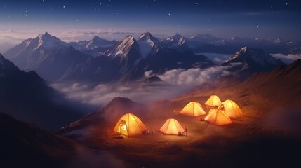 Fototapeta na wymiar Illuminated tents located on a mountain peak. It reflects an environment where mountaineers can camp together with the magnificent mountain view as well as the sea view. Created with Generative AI.