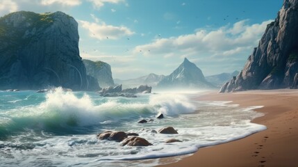 High cliffs on the beach and the rippling sea. The enchanting landscape reflects the power of the sea and the might of nature. Created with Generative AI.