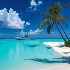 Beach sea ship transport coconut tree summer background by ai generated 