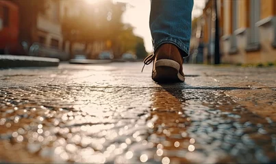 Foto op Aluminium photo wallpaper of someone's feet walking on the sidewalk © alvian