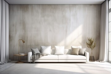Obraz na płótnie Canvas white concrete mock-up wall with white fabric sofa and pillows, modern interior, negative copy space above, 3d rendering, 3d illustration,Generative AI