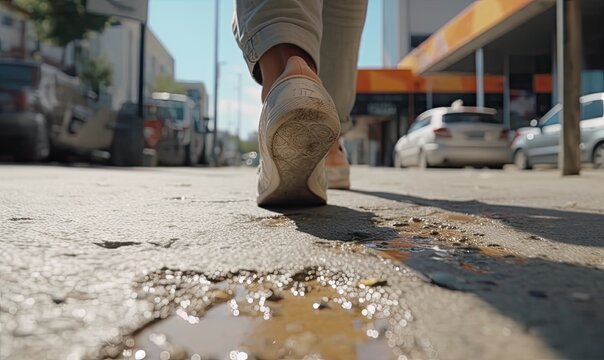 image of feet walking on sidewalk