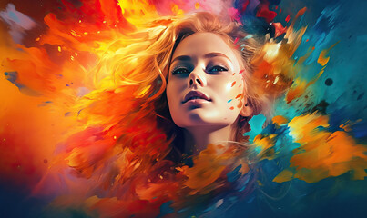 Colorful Splash Portrait of a Young Woman. Created using generative AI tools