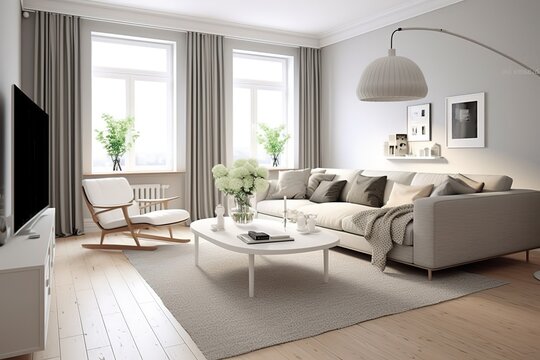 interior house with simple white background mock up. grey velvet sofa with green plaid on . modern space concept. 3d render. Illustration,Generative AI