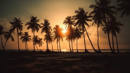 Obraz na płótnie Canvas Palm trees silhouettes on tropical beach at sunset.