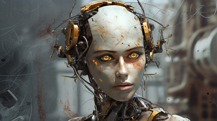 Robot Female Portrait with Expressive Eyes. Created using generative AI tools