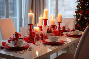 Festive Red and White Christmas Dinner Setting. Created using generative AI tools