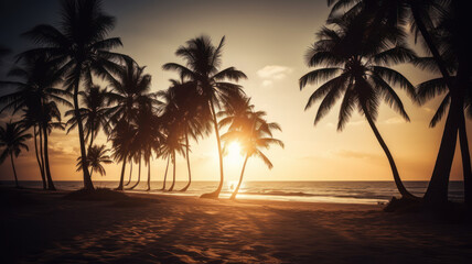 Fototapeta na wymiar Palm trees silhouettes on tropical beach at sunset.