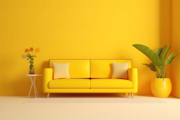 Isolated contemporary yellow sofa with cushions,Generative AI