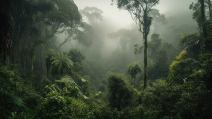 Obraz na płótnie Canvas panorama of the rainforest tree tops in the fog. Generative AI