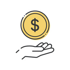 Simple coin and human hand icon with the letter $ - image of money and dollars in the U.S., Canada, etc.