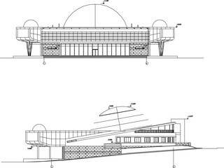 Vector sketch illustration of modern minimalist planetarium building architecture design for viewing space objects in the sky