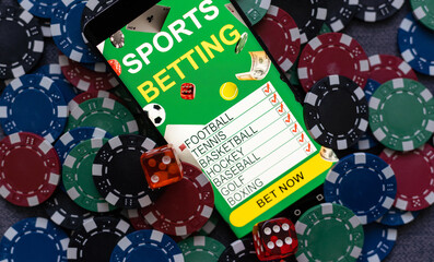 Online poker concept. Smartphone and poker chips on a green background. Poker online banner. Copy space. Vignette. Place for text. Gambling. Background.