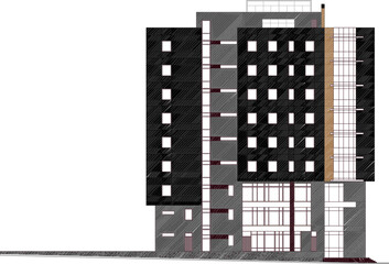 Vector sketch of multi-storey minimalist modern office building architectural design illustration with lots of windows